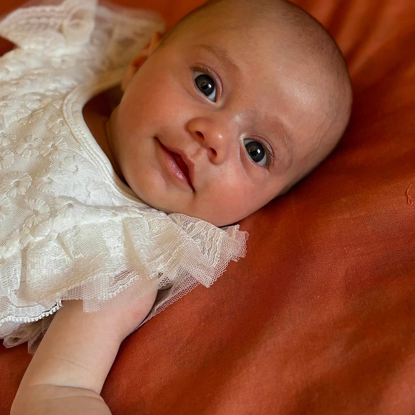 Giulia participe au concours pour gagner de l'argent avec cette photo : arm, baby, child, closeup, cute, eyes, fabric, face, human, infant, lace, lying_down, newborn, portrait, skin, smile, soft, texture, warm_colors, white_clothing