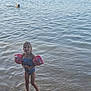 child, lake, water, swimming, floaties, paddle, kayak, ducks, beach, sand, summer, outdoor, nature, recreation, water_sports, person, swimsuit, wet_hair, calm, daytime