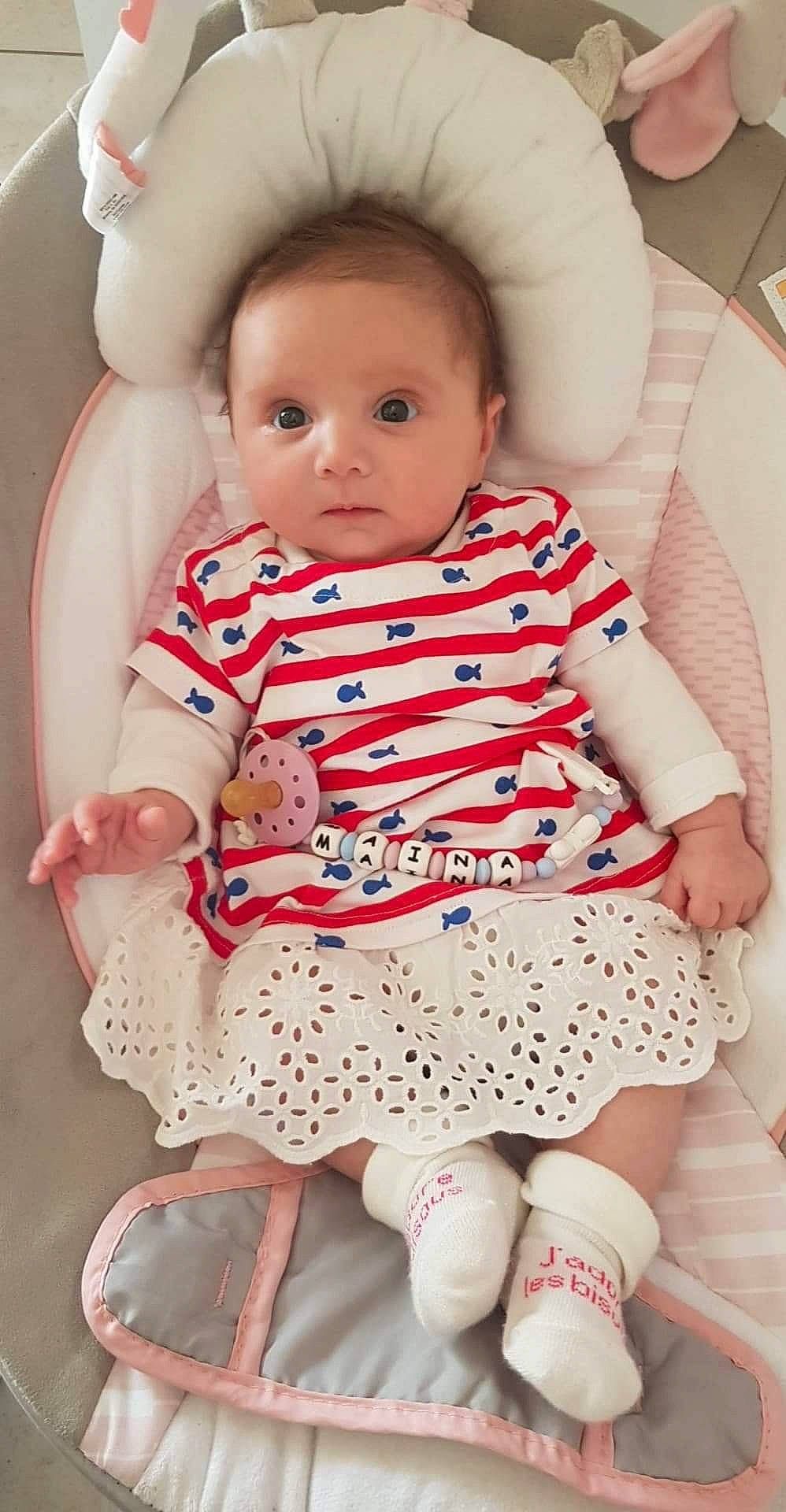 Maïna a rejoint le concours — aidez-le/la à gagner de superbes lots ! baby, baby_toddler_clothing, cheek, child, comfort, dress, eye, face, head, iris, joint, knee, organ, pattern, person, pink, skin, sleeve, thigh, toddler