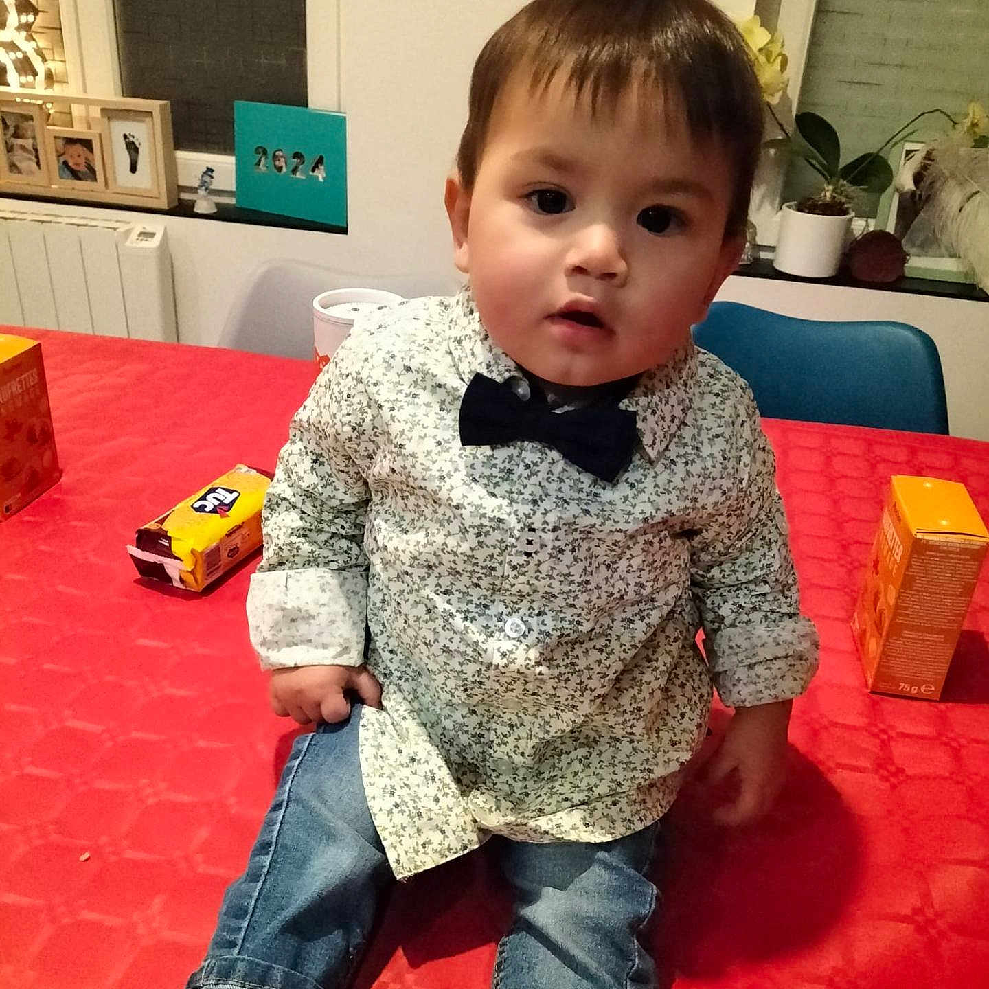 Oscar participe au concours pour gagner de l'argent avec cette photo : bow_tie, boy, chair, child, cup, curious, face, home, indoor, jeans, photograph_frame, plant, red_tablecloth, shirt, sitting, snack_box, striped_socks, table, toddler, window