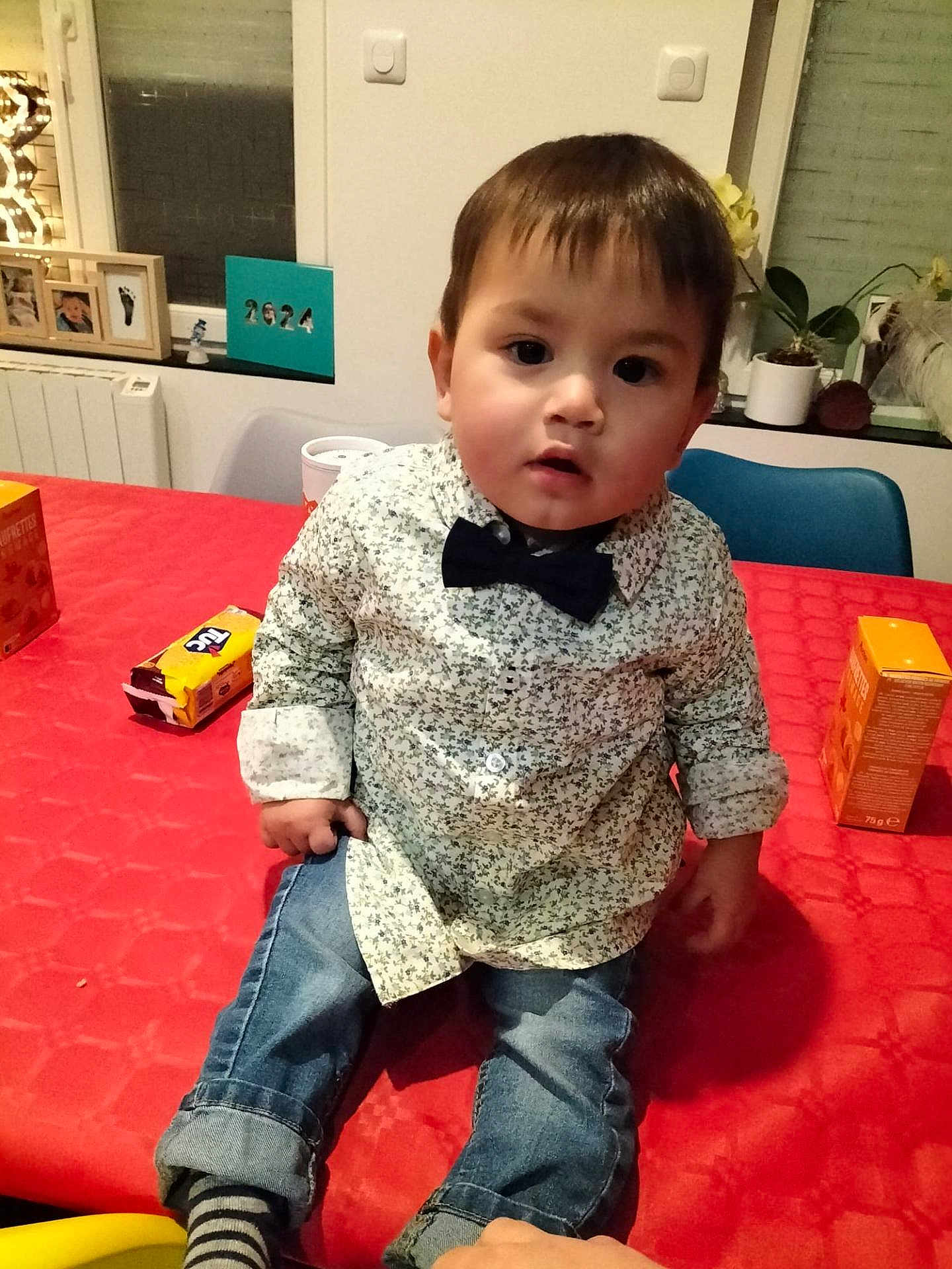 Oscar participe au concours pour gagner de l'argent avec cette photo : toddler, child, boy, indoor, table, red_tablecloth, shirt, bow_tie, jeans, striped_socks, face, curious, sitting, home, plant, photograph_frame, chair, window, cup, snack_box