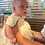 Delilah-Rose joined the competition — help win amazing prizes! baby, child, infant, dress, white_dress, balloon, tattoo, arm, hand, restaurant, table, wooden_table, curious_expression, person, face, indoor, light, decor, window, glass_panels