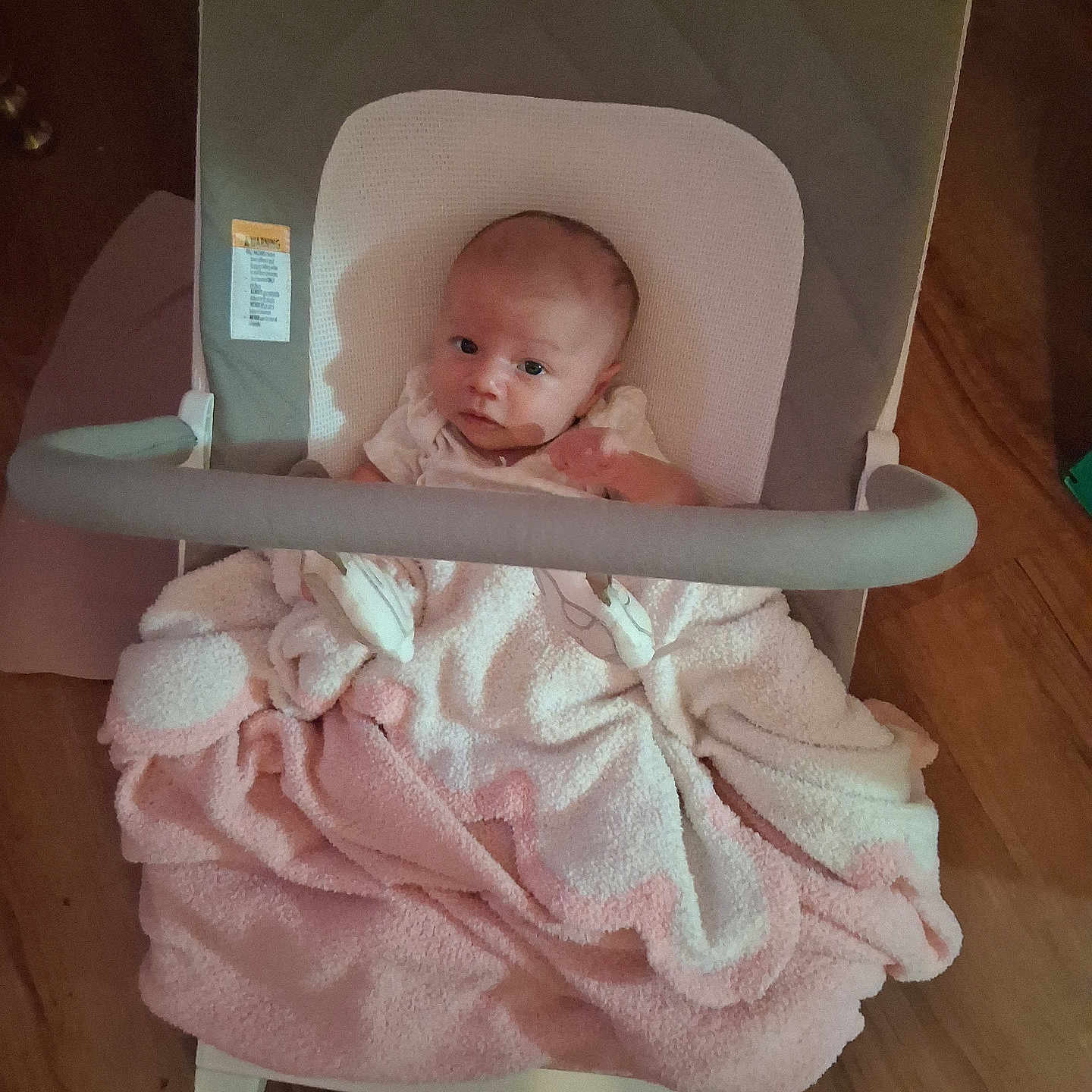 Justyna joined the competition — help win amazing prizes! baby, infant, child, high_chair, blanket, pink_blanket, sitting, portrait, face, eyes, looking_at_camera, indoor, home, wood_floor, furniture, cushion, baby_clothing, cozy, photography, cute