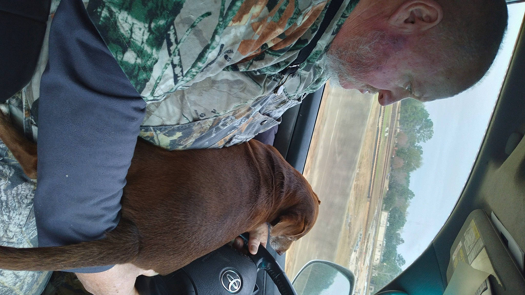 Batman is registered to the contest to win money with this photo: auto_part, automotive_exterior, automotive_mirror, automotive_window_part, dog, dog_breed, eyewear, family_car, fur, gesture, glass, hat, military_camouflage, rear_view_mirror, sky, vehicle_door, water, window, windshield, wrinkle