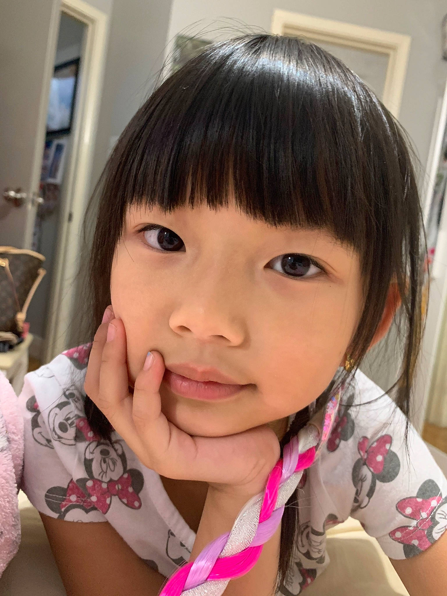 Megan is registered to the contest to win money with this photo: bangs, beauty, black_hair, brown_hair, cheek, child, chin, eyebrow, eyelash, face, forehead, hair, hair_coloring, hairstyle, head, lip, long_hair, nose, person, pink
