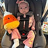 Ava joined the competition — help win amazing prizes! baby, infant, child, car_seat,  안전, seatbelt, buckled, plush_toy, stuffed_animal, pink_clothing, headband, bow, socks, sitting, indoors, wood_floor, portrait, looking_at_camera, toy, family_photo