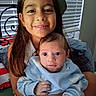 Phoenix is registered to the contest to win money with this photo: child, baby, smiling, indoor, window_blinds, bed, blanket, clothing, portrait, person, cuddling, family, sibling, happy, young_girl, baby_clothes, long_hair, holding, close_up, cute