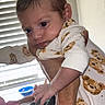 Phoenix joined the competition — help win amazing prizes! baby, infant, onesie, bear_pattern, hand, adult_hand, window_blinds, indoor, person, cute, serious_expression, clothing, skin, face, head, newborn, light, holding, portrait, young_child