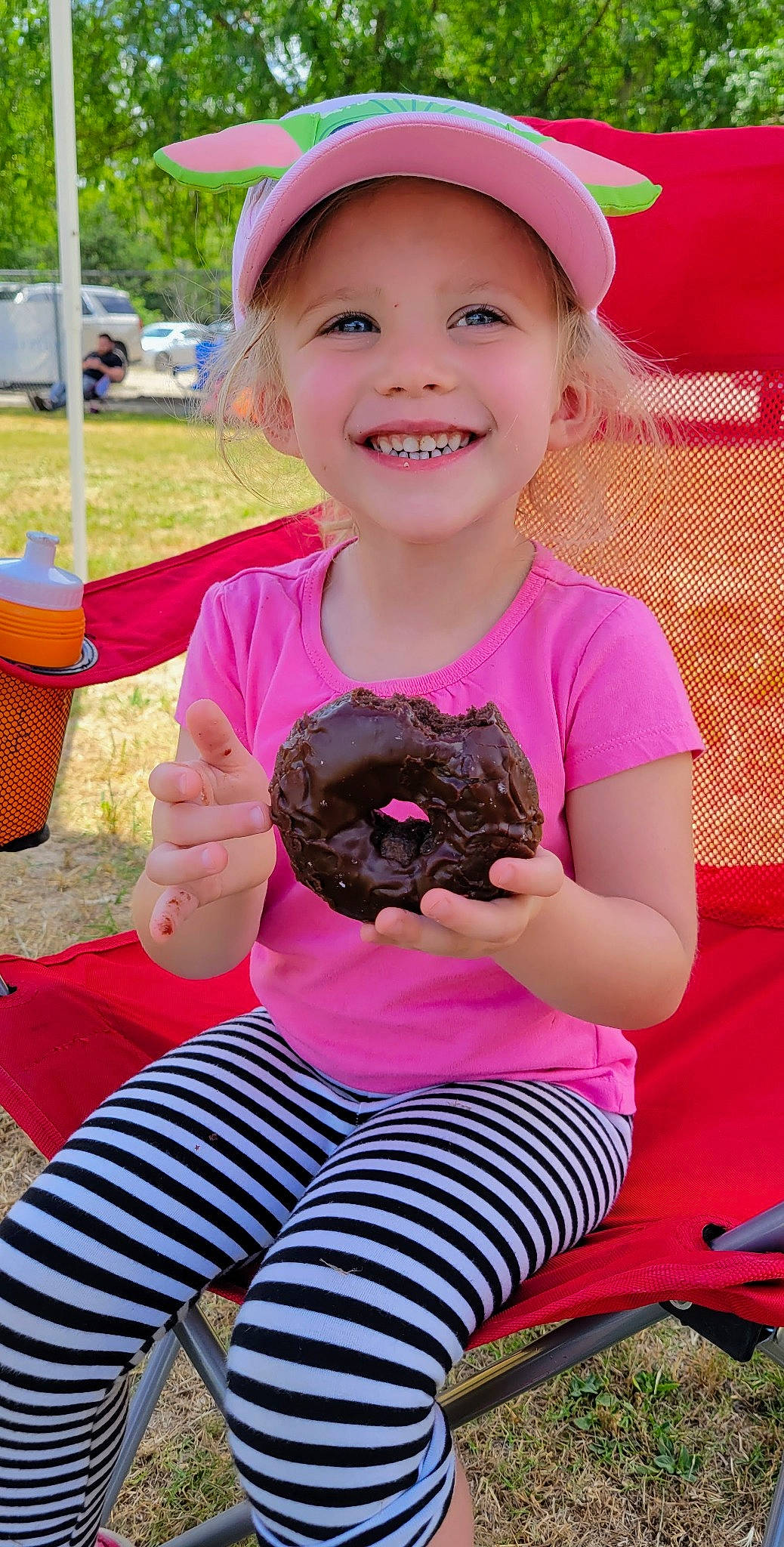 Lacey joined the competition — help win amazing prizes! baseball_cap, cap, carnivore, chair, child, clothing, companion_dog, dog_breed, fawn, fun, happy, headwear, joy, magenta, people, person, pink, recreation, sitting, skin