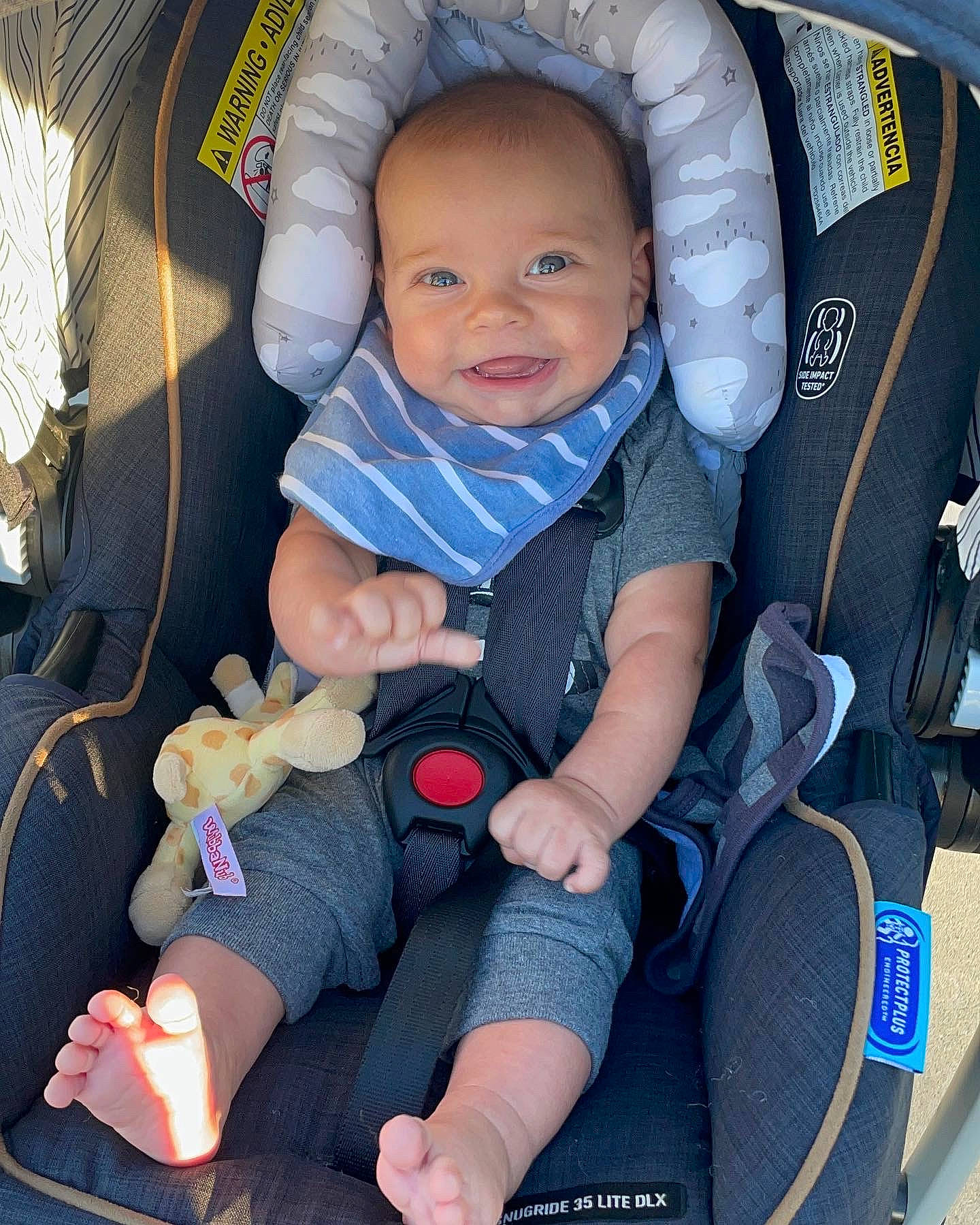 Brodie joined the competition — help win amazing prizes! arm, auto_part, baby, baby_carriage, baby_in_car_seat, baby_products, baby_safety, baby_toddler_clothing, car_seat, child, comfort, electric_blue, joy, lap, person, product, sitting, smile, thumb, toddler