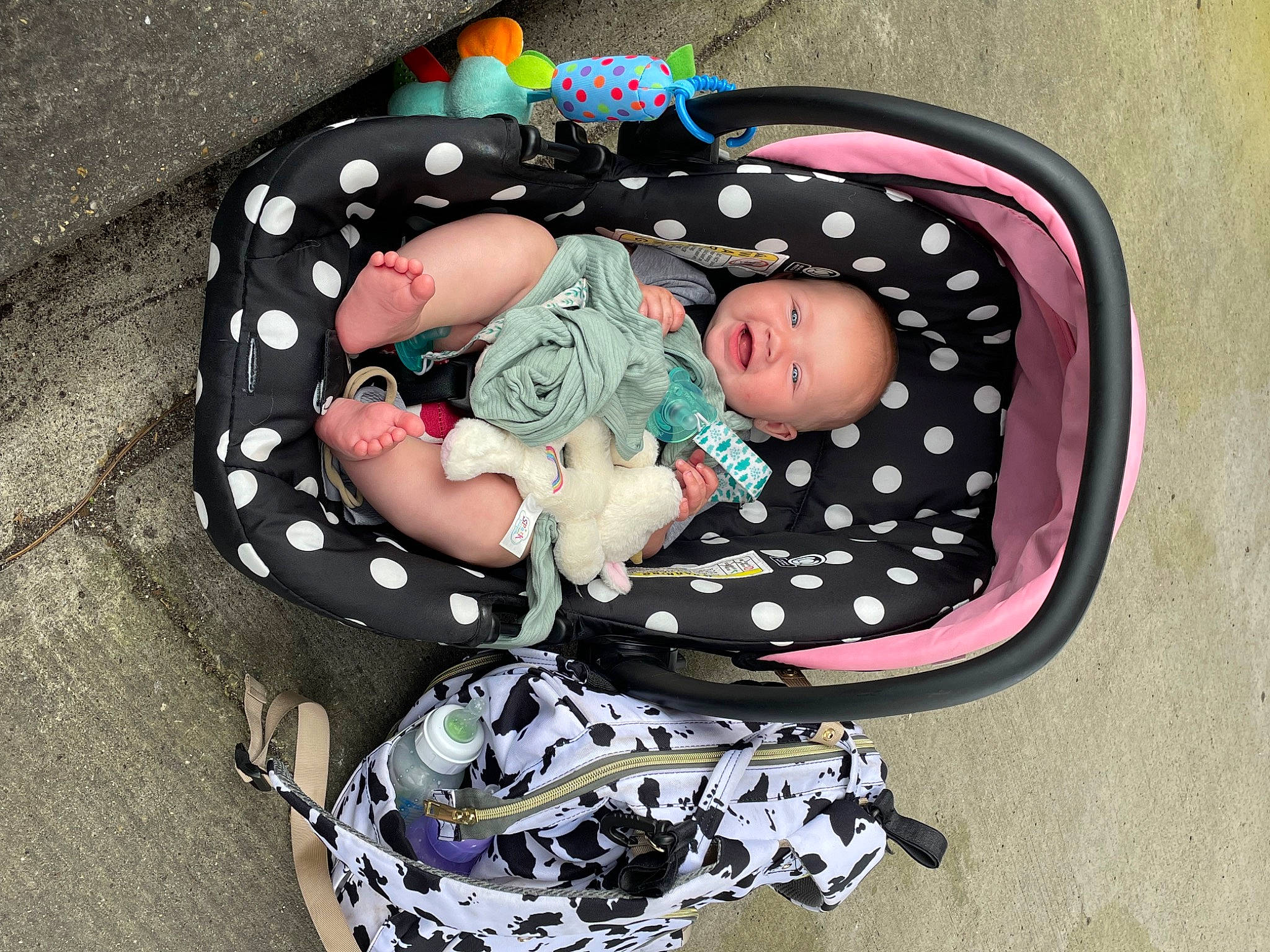 Sophia joined the competition — help win amazing prizes! baby, baby_carriage, baby_products, baby_safety, baby_sleeping, baby_toddler_clothing, bag, child, circle, comfort, fashion_accessory, hair_accessory, luggage_and_bags, pattern, person, pink, polka_dot, product, sitting, sleeve