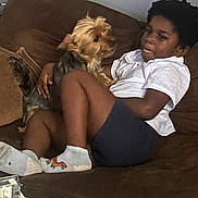 Minnie participe au concours pour gagner de l'argent avec cette photo : child, dog, couch, indoor, brown, white_shirt, shorts, socks, toy, hair, face, pet, relaxing, living_room, home, casual, comfort, friendship, small_dog, young