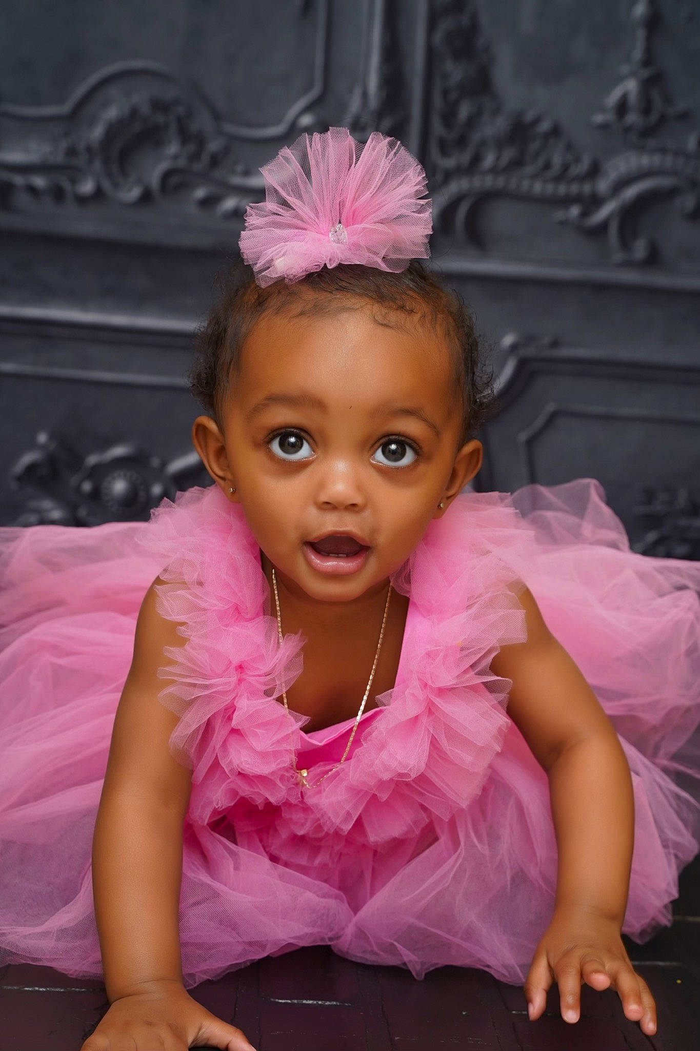 Jayda joined the competition — help win amazing prizes! baby_toddler_clothing, child, dress, eye, eyebrow, eyelash, facial_expression, flash_photography, happy, headpiece, iris, jewellery, magenta, mammal, person, pink, purple, skin, smile, surprise