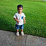 boy, casual_clothing, child, curly_hair, cute, daylight, denim_shorts, grass, lawn, outdoor, person, portrait, residential_area, serious_expression, sidewalk, sneakers, standing, toddler, white_shirt, young_child