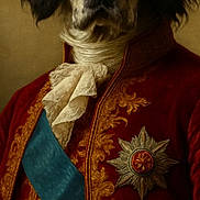 Nala participe au concours pour gagner de l'argent avec cette photo : black_and_white, blue_sash, canine, closeup, costume, decoration, dog, elegant, formal, historical_style, indoor, lace, military_uniform, noble, ornate, portrait, red_clothing, regal, speckled, vintage