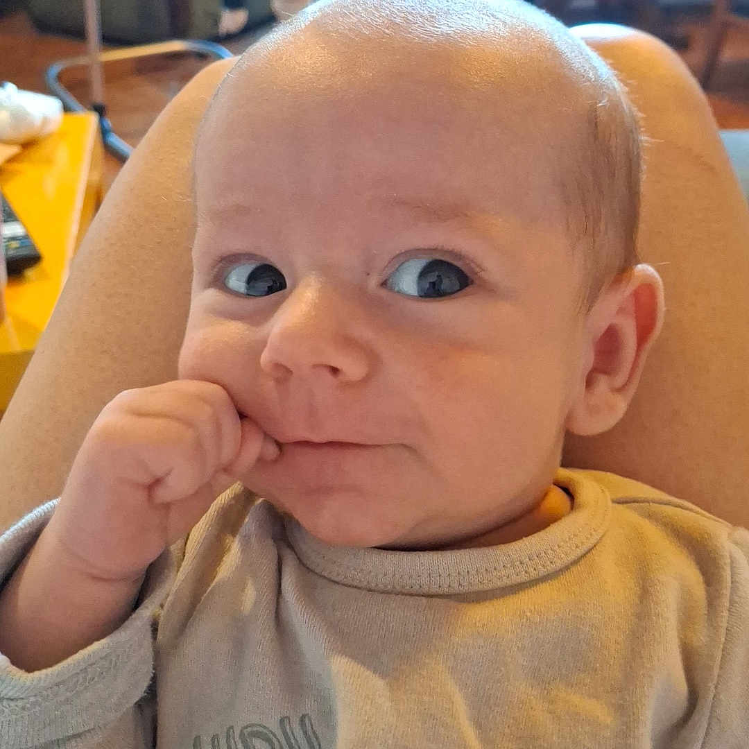 Siméo participe au concours pour gagner de l'argent avec cette photo : baby, infant, person, face, hand, clothing, sleeve, indoor, lap, curious, expression, skin, head, eyes, mouth, ear, sitting, cozy, casual, child