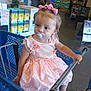 Sally joined the competition — help win amazing prizes! toddler, child, shopping_cart, pink_dress, pacifier, hair_bows, indoor, store, shopping, curious, baby, clothing, cute, person, retail, floor, hand, foot, seat, grocery