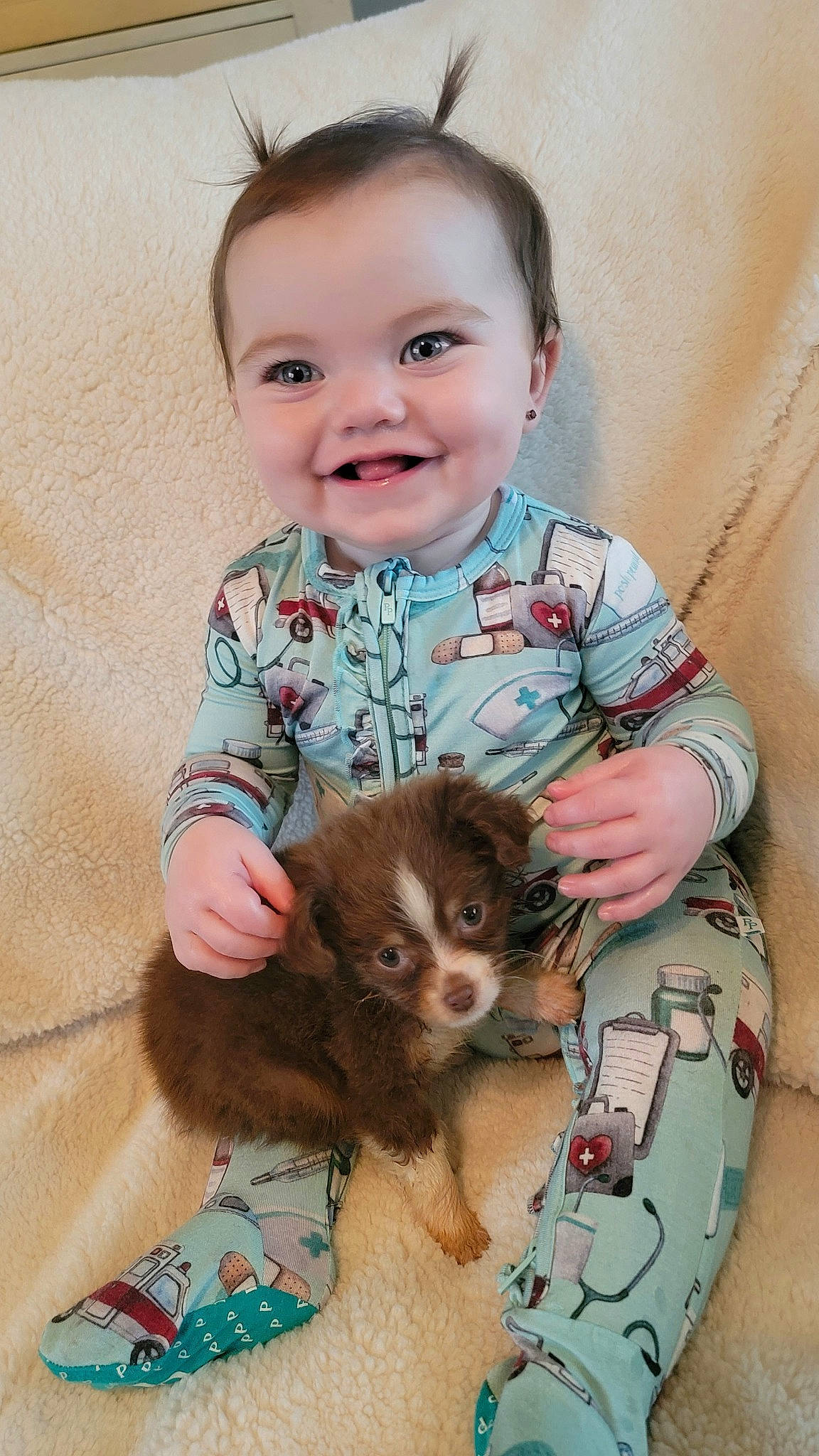 Finlee is registered to the contest to win money with this photo: baby, baby_toddler_clothing, carnivore, child, companion_dog, dress, eye, happy, head, joy, nose, organ, pattern, person, pink, skin, sleeve, smile, t_shirt, toddler