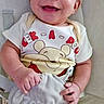 baby, smiling, infant, child, winnie_the_pooh, plush_toy, clothing, cute, happy, sitting, soft_toy, indoors, portrait, person, young_child, baby_clothes, hand, face, seat, comfort