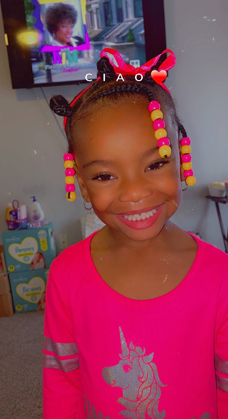 Armani is registered to the contest to win money with this photo: cheek, chin, clothing, cornrows, ear, event, eyebrow, face, fashion_accessory, fashion_design, fun, happy, headpiece, joy, magenta, party_supply, person, pink, skin, sleeve