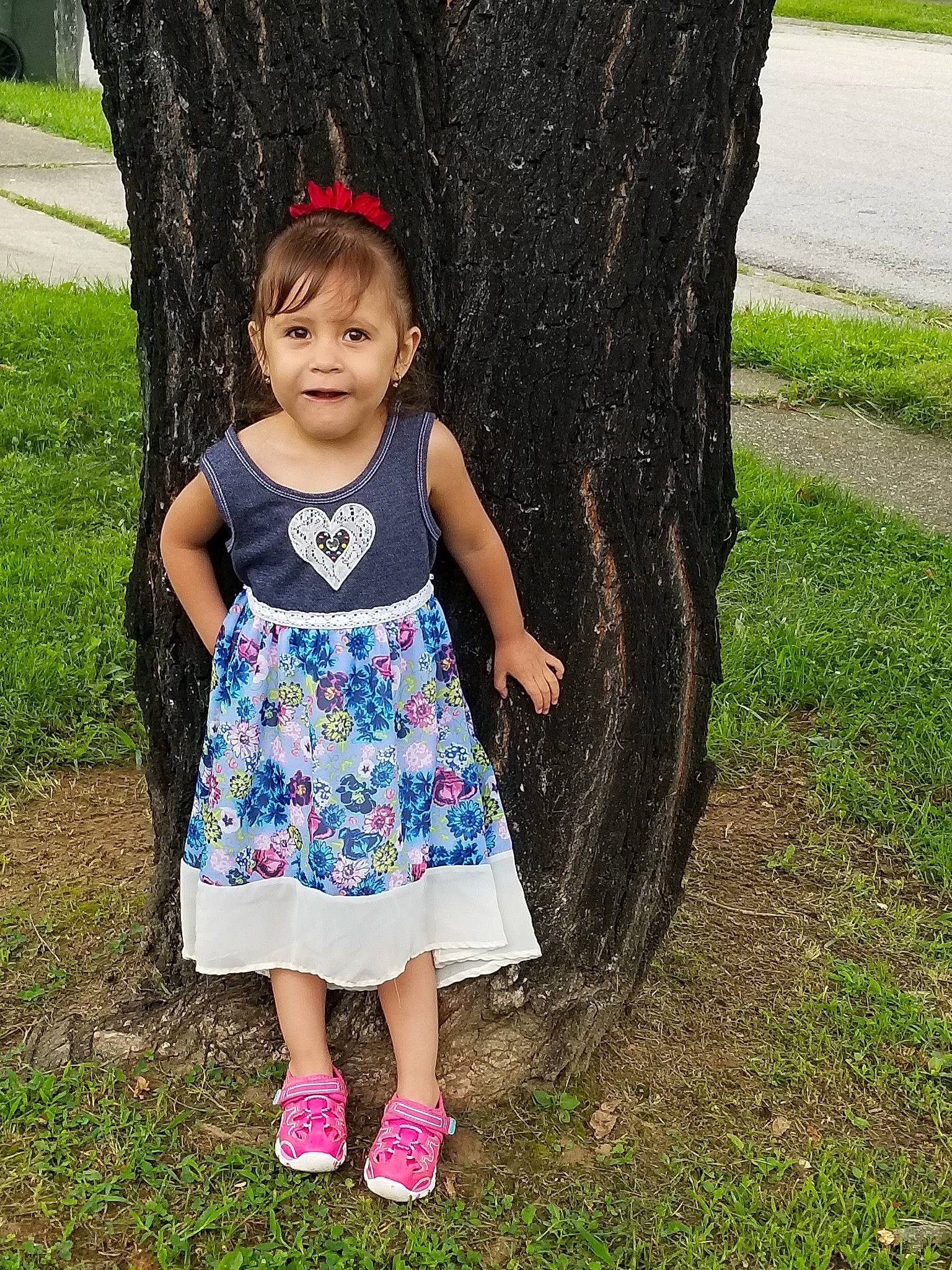 Mariela joined the competition — help win amazing prizes! child, clothing, day, design, dress, fun, girl, grass, happiness, jeans, pattern, person, pink, plant, play, smile, standing, summer, toddler, tree
