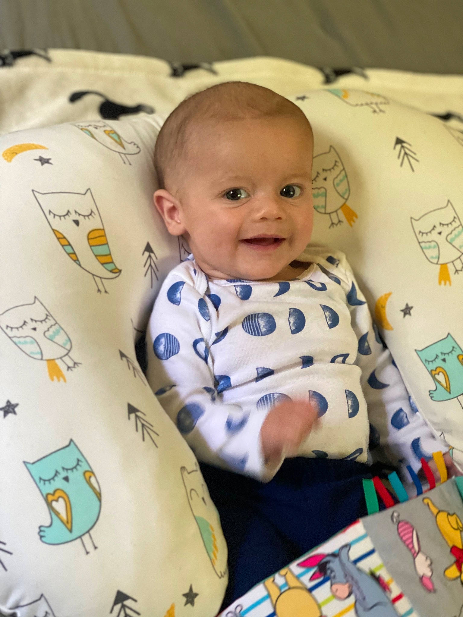 Dominick joined the competition — help win amazing prizes! baby, baby_products, baby_toddler_clothing, baby_toys, cheek, child, comfort, facial_expression, fun, happy, linens, pattern, person, product, room, sitting, sleeve, smile, t_shirt, textile