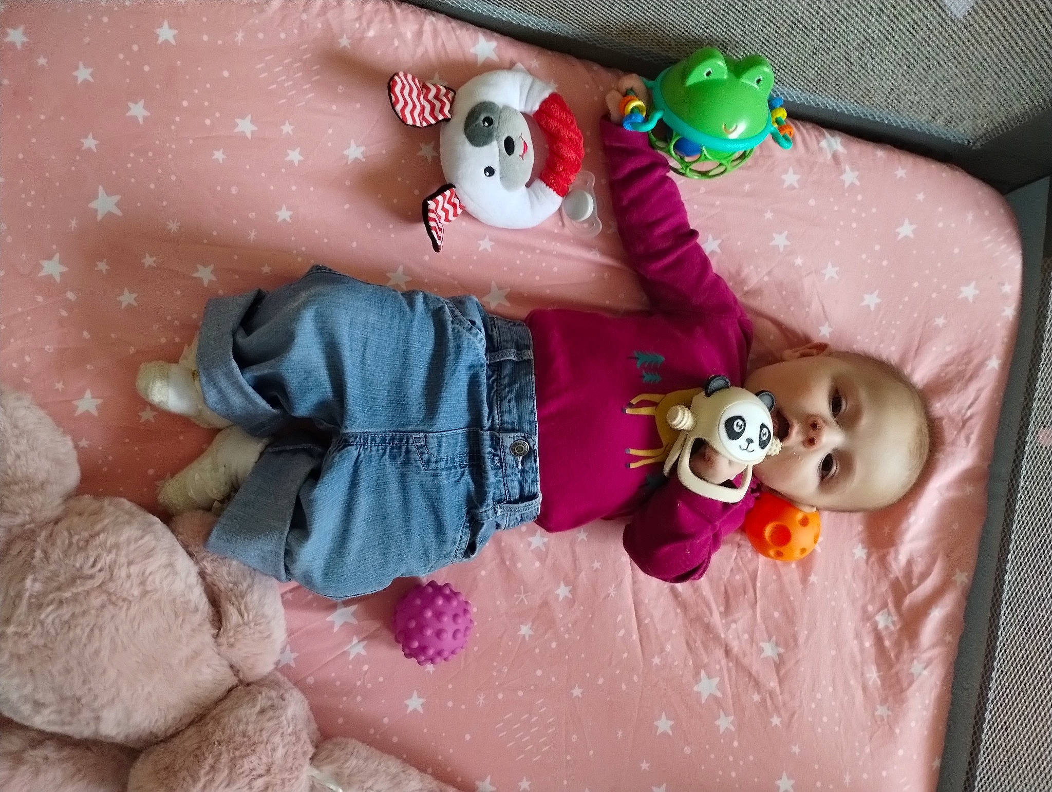 Athena is registered to the contest to win money with this photo: baby_toys, child, doll, fawn, fun, happy, magenta, mammal, mouth, person, pink, plush, product, room, skin, stuffed_toy, teddy_bear, textile, toy, vertebrate