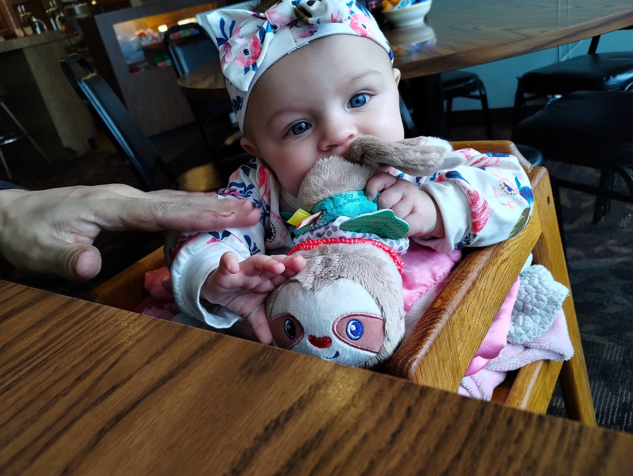 Athena is registered to the contest to win money with this photo: baby, baby_products, baby_toddler_clothing, carmine, cheek, child, christmas, event, fictional_character, fun, happy, hardwood, headwear, holiday, lap, person, plush, room, stuffed_toy, toddler