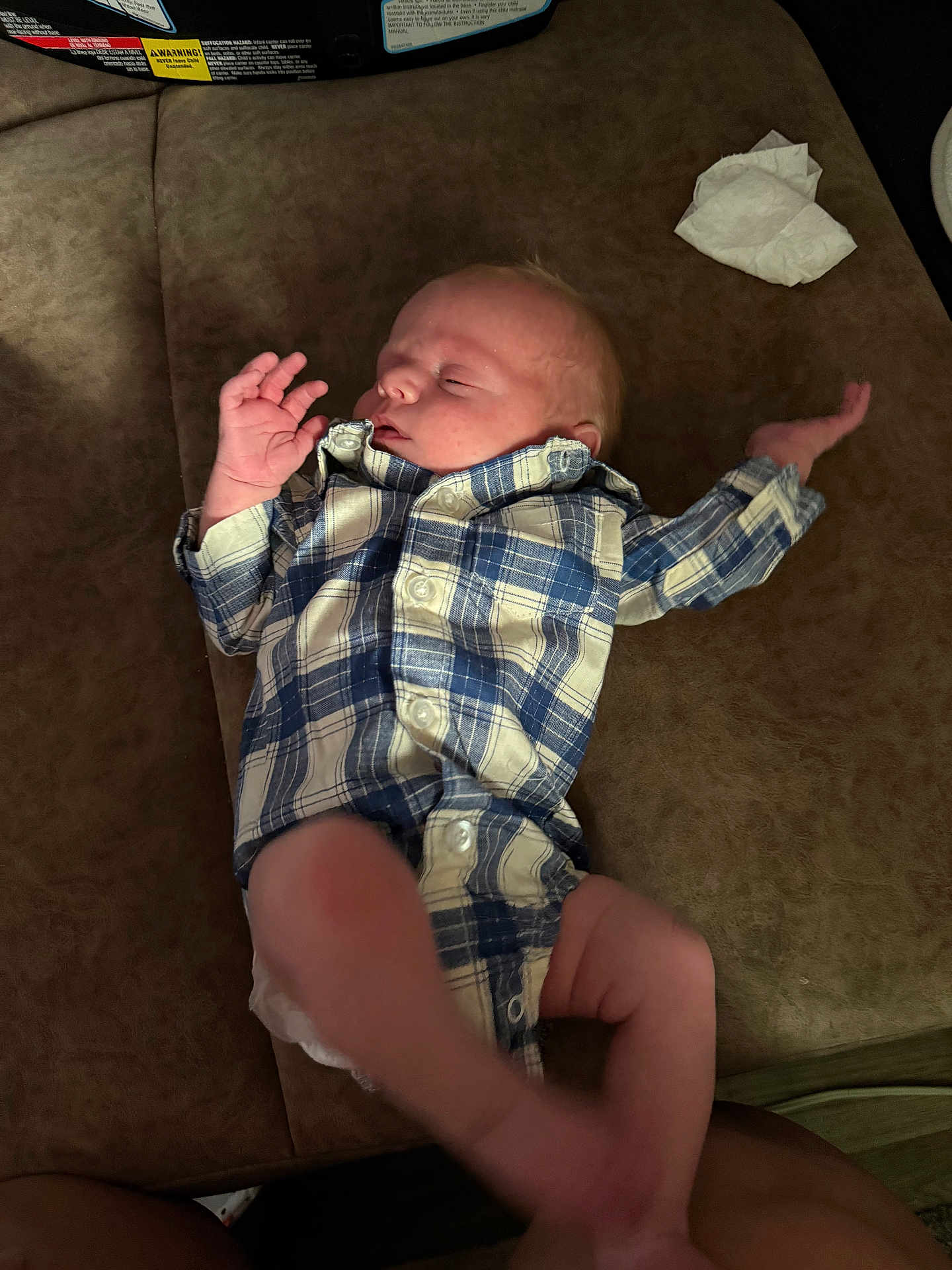 Christopher joined the competition — help win amazing prizes! baby, newborn, infant, sleeping, plaid_clothing, blue, white, couch, brown, arm, hand, leg, diaper, indoor, soft_lighting, peaceful, resting, person, child, onesie