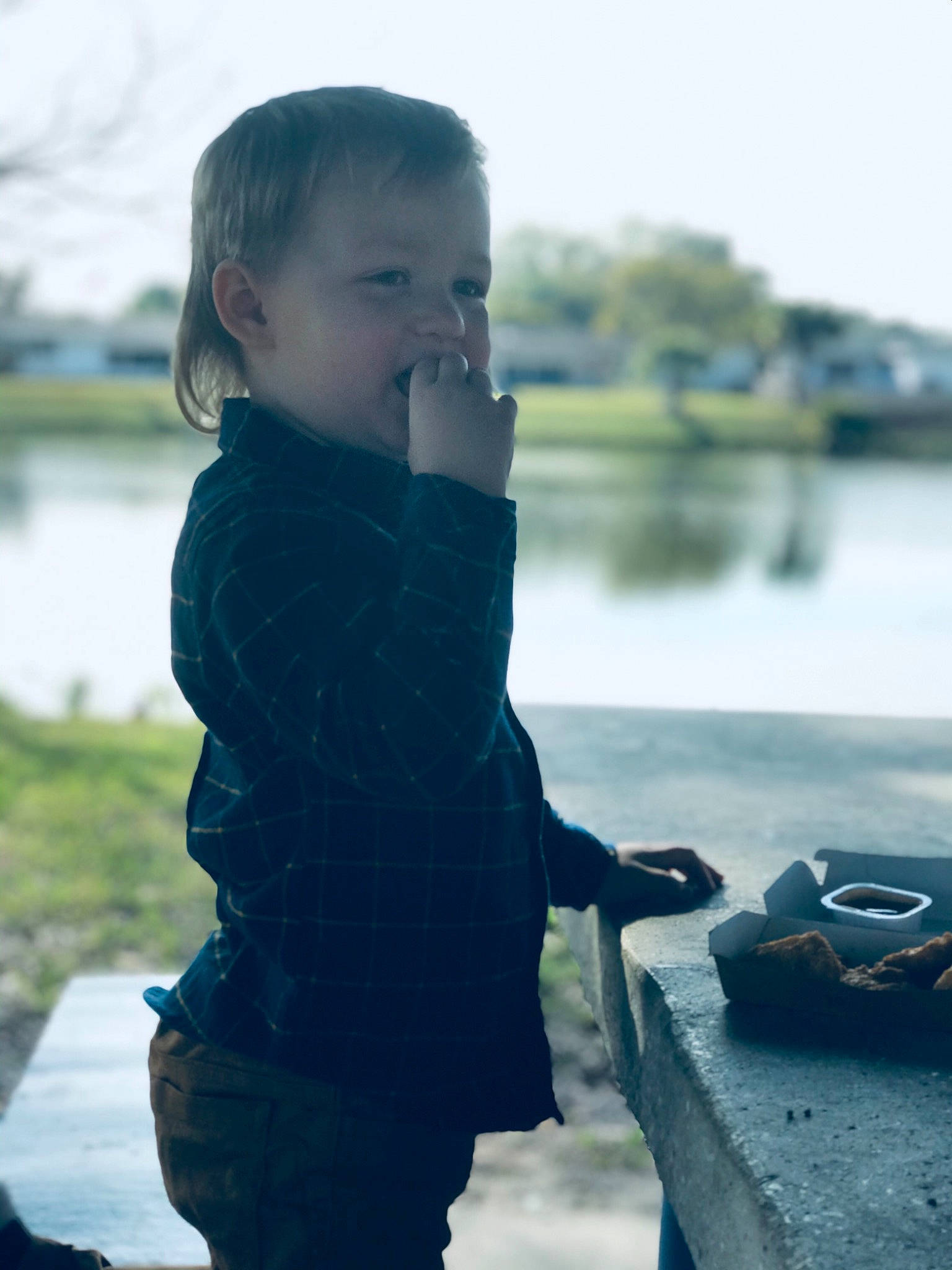 Greyson joined the competition — help win amazing prizes! child, cool, electric_blue, flash_photography, freezing, fun, grass, happy, human, lake, leisure, pattern, person, reflection, sitting, sky, sleeve, toddler, tree, water