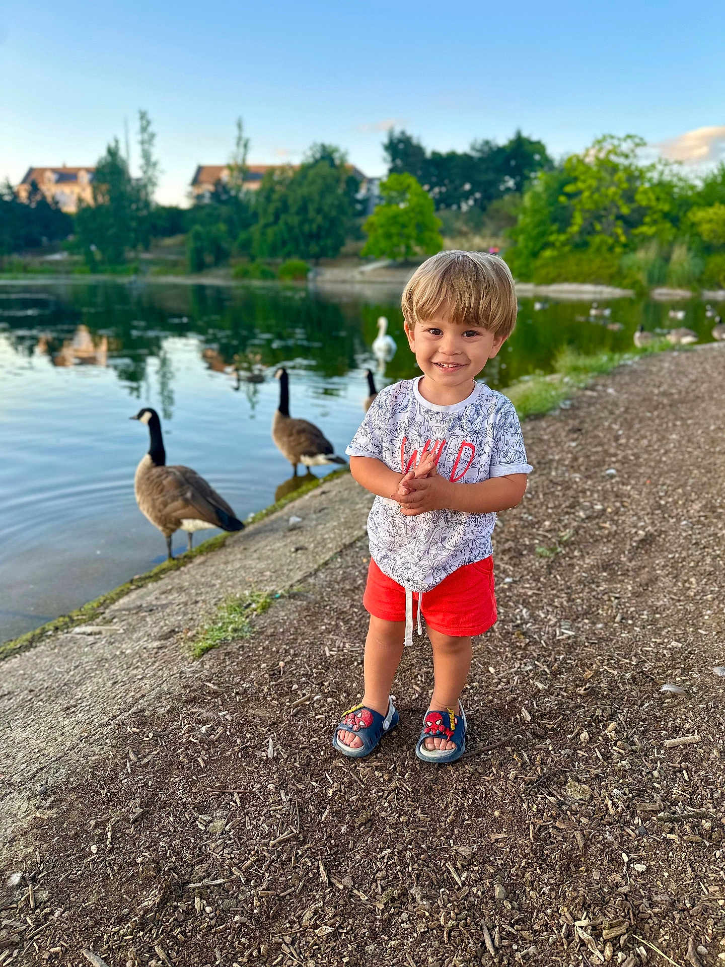 Ahmed Abdessamad a rejoint le concours — aidez-le/la à gagner de superbes lots ! child, toddler, boy, smiling, pond, water, geese, birds, nature, outdoor, trees, grass, dirt_path, shoes, shorts, shirt, summer, daylight, happy, playful