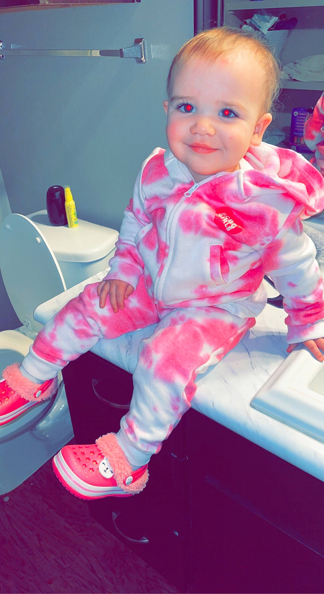 Alexandria joined the competition — help win amazing prizes! baby, baby_toddler_clothing, cheek, child, comfort, eye, fun, hairstyle, happy, joy, magenta, person, pink, product, sitting, skin, sleeve, smile, thumb, toddler