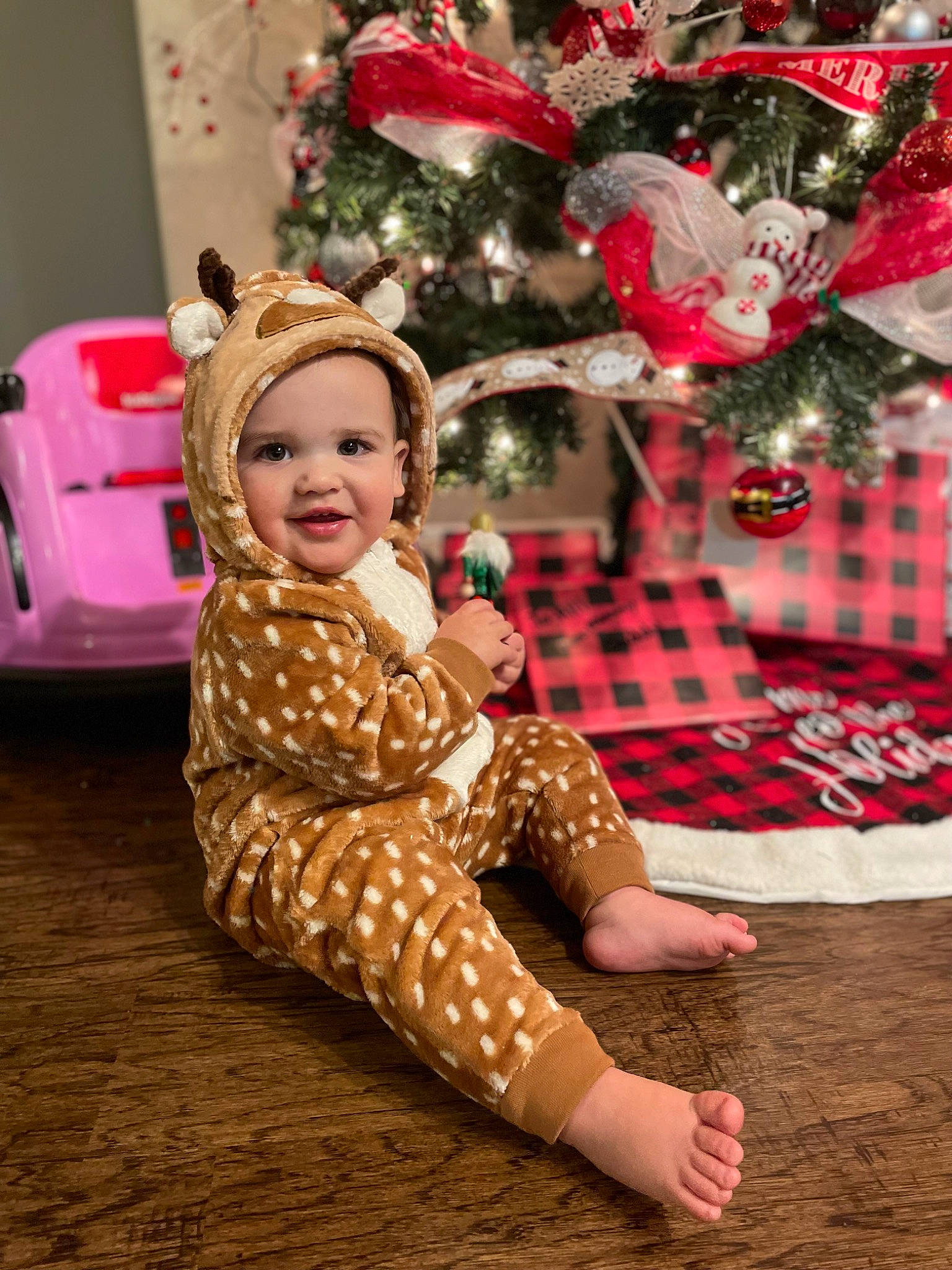 Alexandria is registered to the contest to win money with this photo: baby_toddler_clothing, christmas_decoration, christmas_ornament, christmas_tree, face, fawn, happy, headwear, human_body, joy, ornament, person, pink, plant, red, sleeve, smile, tartan, textile, toddler