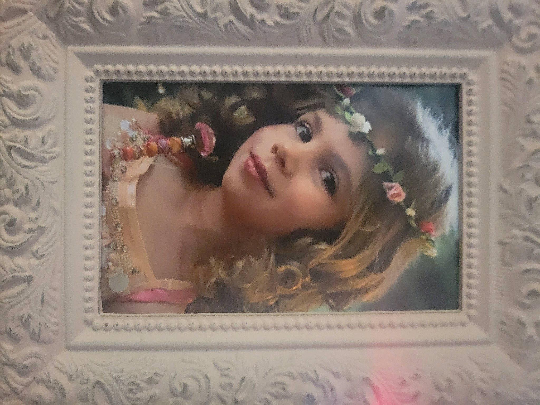 Sophia is registered to the contest to win money with this photo: art, cheek, eye, eyebrow, eyelash, face, flash_photography, hairstyle, head, headpiece, headwear, lip, lipstick, makeover, person, picture_frame, rectangle, room, rose, stock_photography