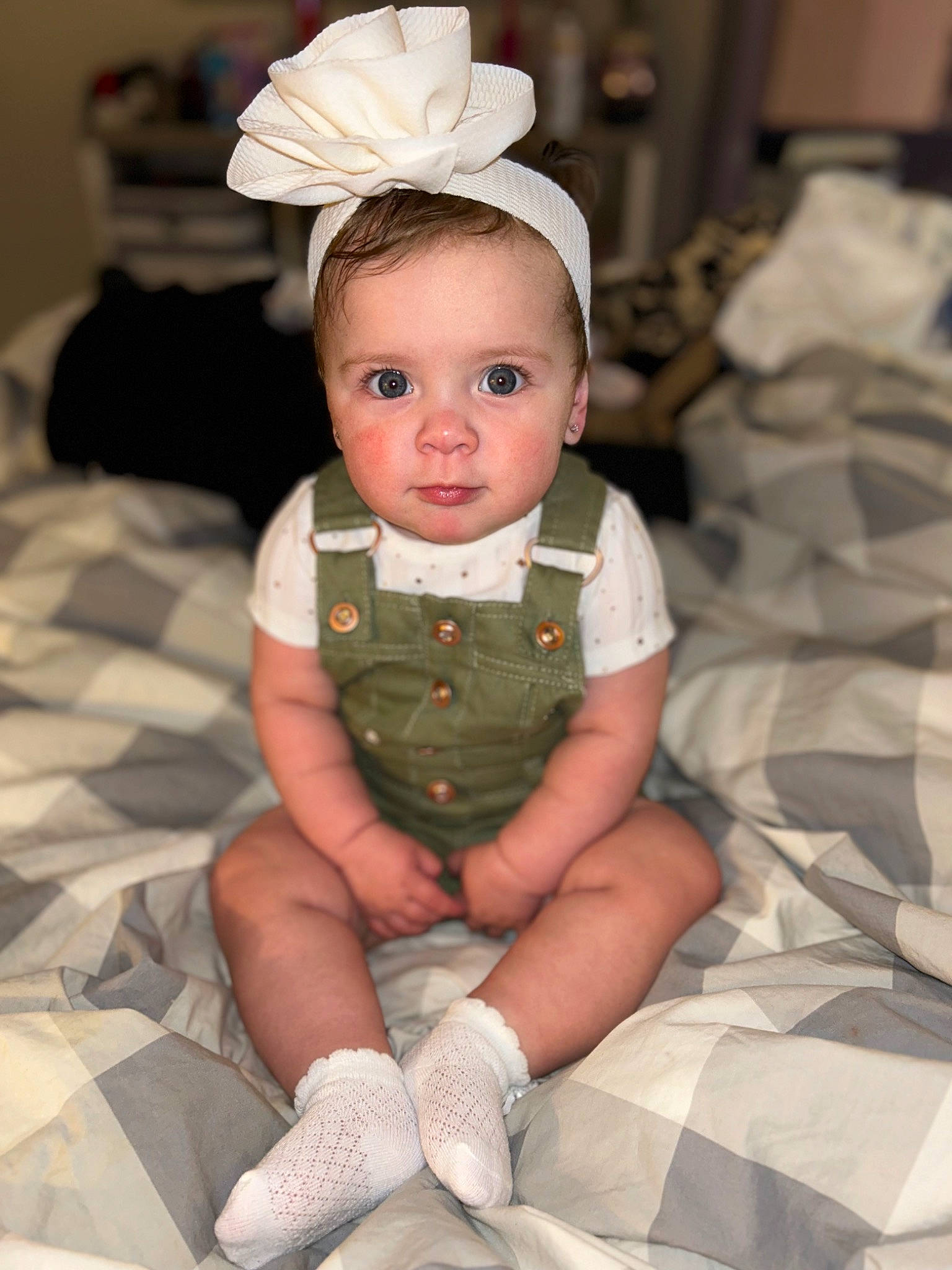 Harlow joined the competition — help win amazing prizes! arm, baby, baby_toddler_clothing, cheek, child, comfort, eye, flash_photography, flooring, happy, headband, headgear, headpiece, human_body, pattern, person, skin, sleeve, sock, toddler
