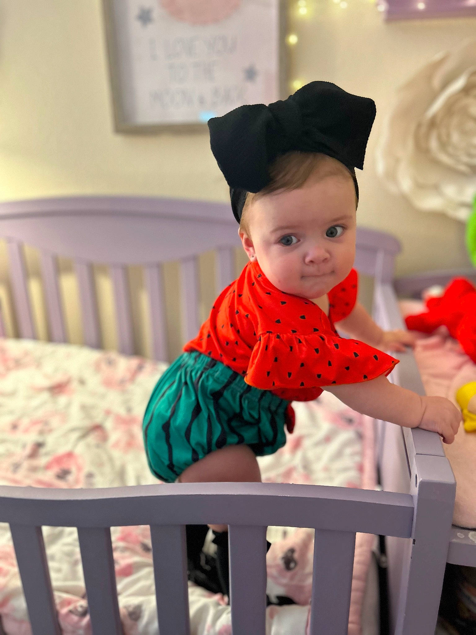 Harlow is registered to the contest to win money with this photo: baby_products, baby_toddler_clothing, child, cradle, event, fashion_design, fence, fun, happy, hat, holiday, magenta, pattern, peach, person, pink, room, sitting, sleeve, toddler