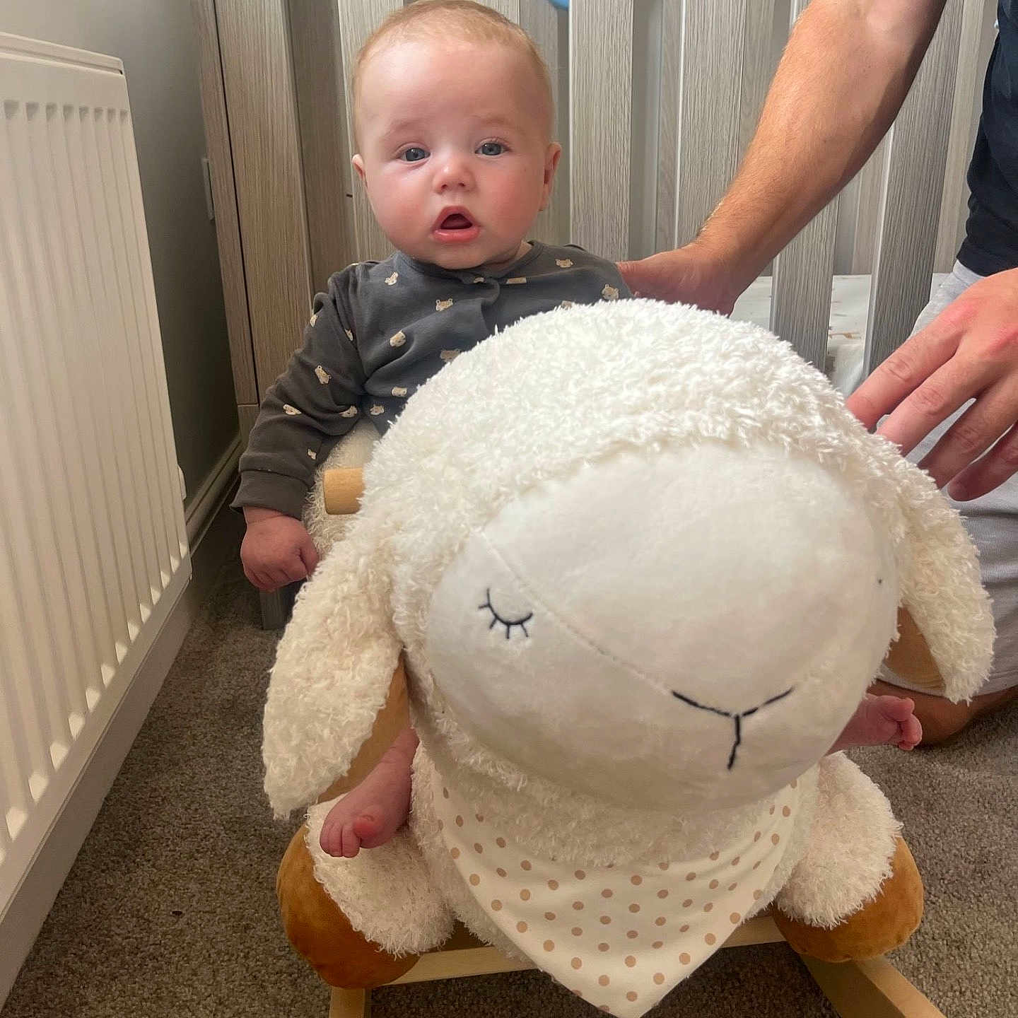 Louie is registered to the contest to win money with this photo: adult, baby, carpet, child, clothing, crib, expression, face, foot, furniture, hand, indoor, nursery, parent, person, plush, rocking_toy, room, stuffed_animal, toy