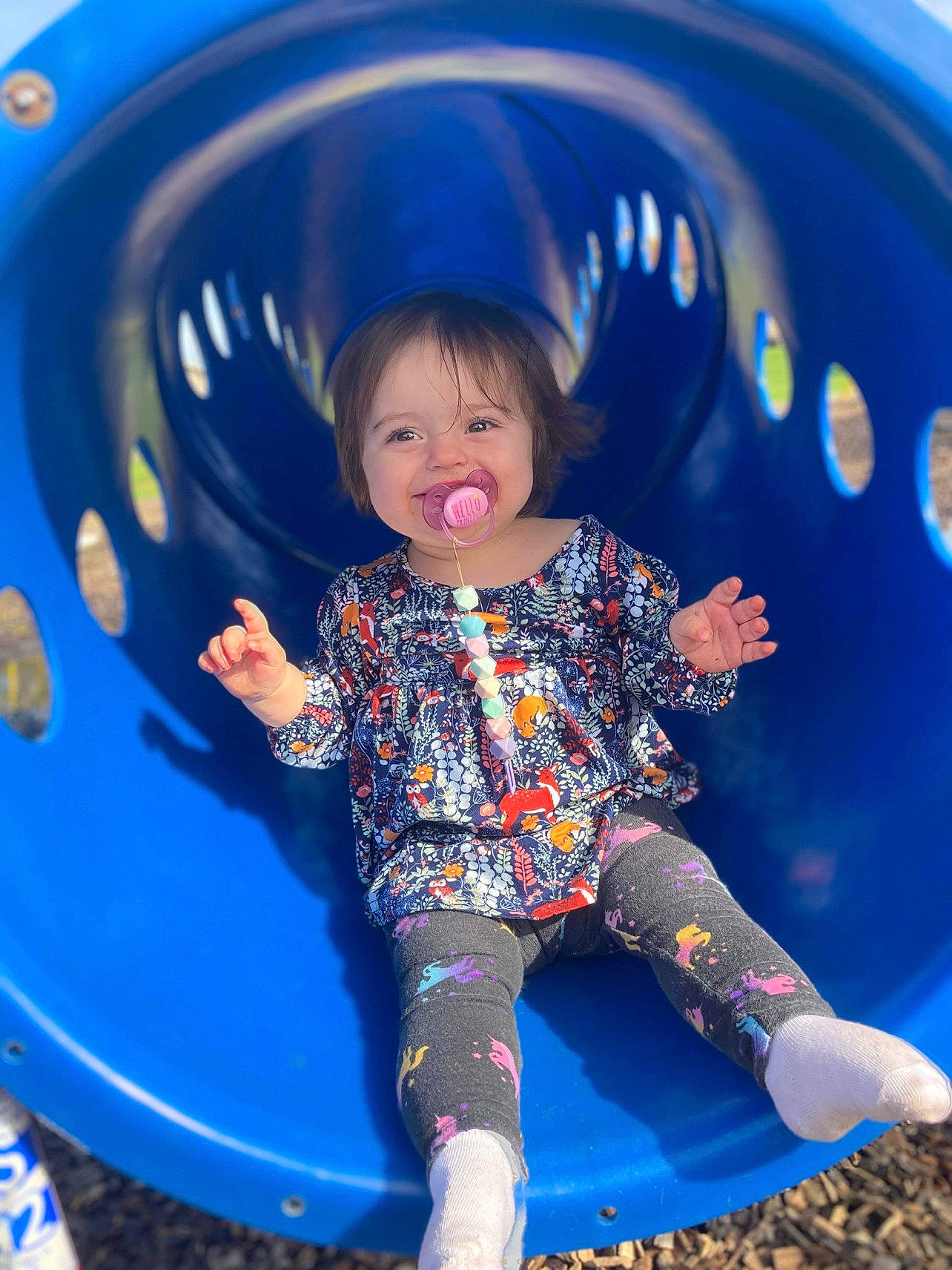 Kinleigh joined the competition — help win amazing prizes! baby_toddler_clothing, blue, child, circle, electric_blue, fun, happy, leisure, organ, outdoor_play_equipment, person, photograph, pink, playground, purple, recreation, sleeve, smile, snapshot, t_shirt
