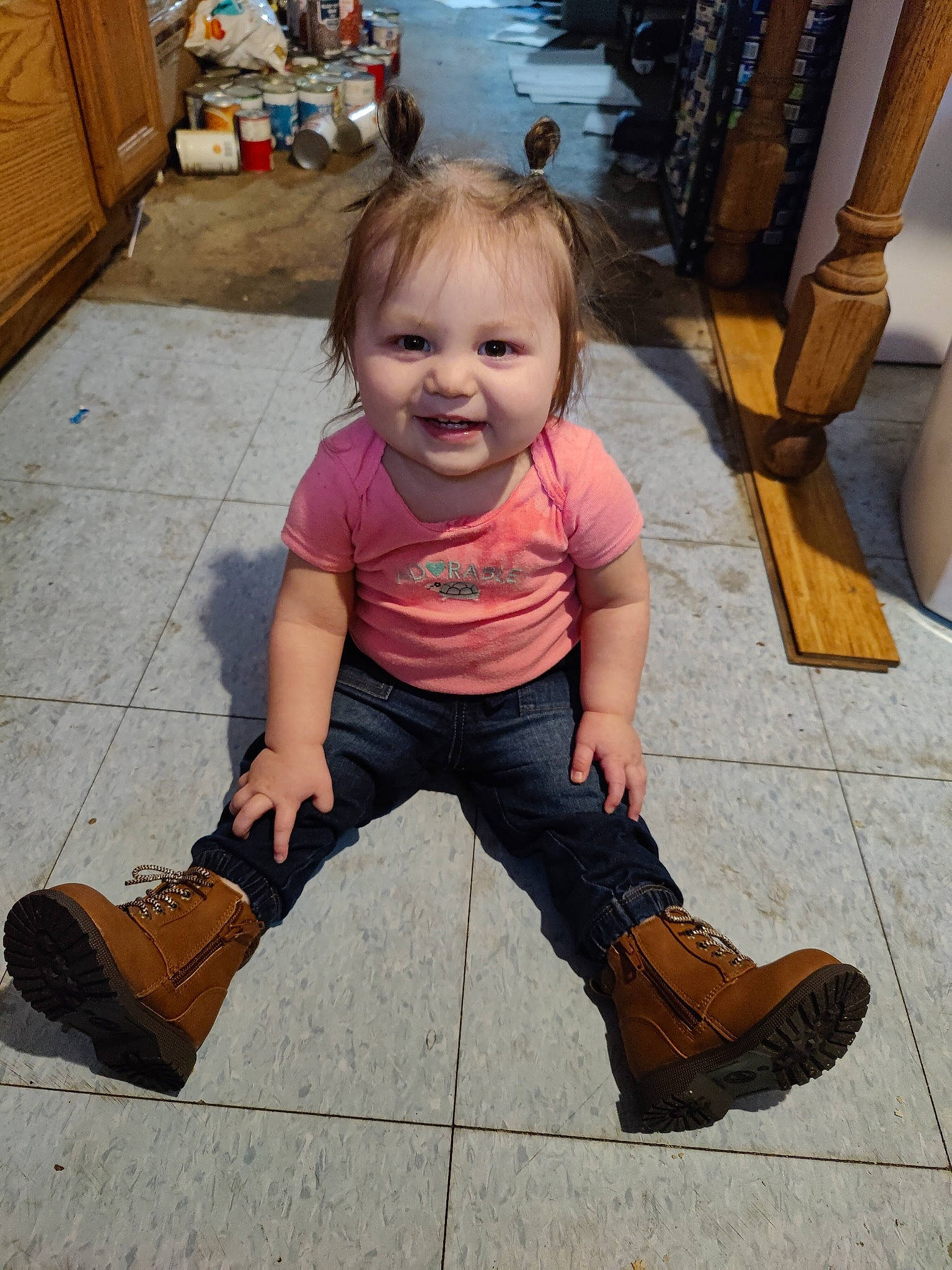 Arya is registered to the contest to win money with this photo: baby_toddler_clothing, cheek, child, eye, flooring, foot, happy, hardwood, human_leg, joint, joy, leg, person, photograph, sitting, sleeve, smile, snapshot, thigh, tints_and_shades