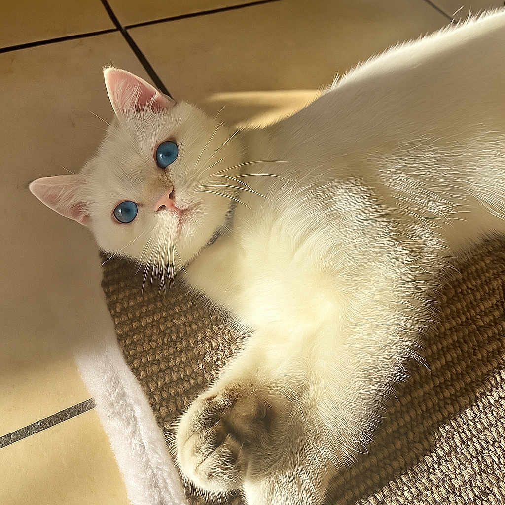 Tsuki a rejoint le concours — aidez-le/la à gagner de superbes lots ! cat, white_cat, blue_eyes, fluffy_fur, pet, indoor, sunlight, relaxed, animal, feline, cute, whiskers, floor_tiles, mat, closeup, portrait, domestic_cat, paw, laying_down, soft