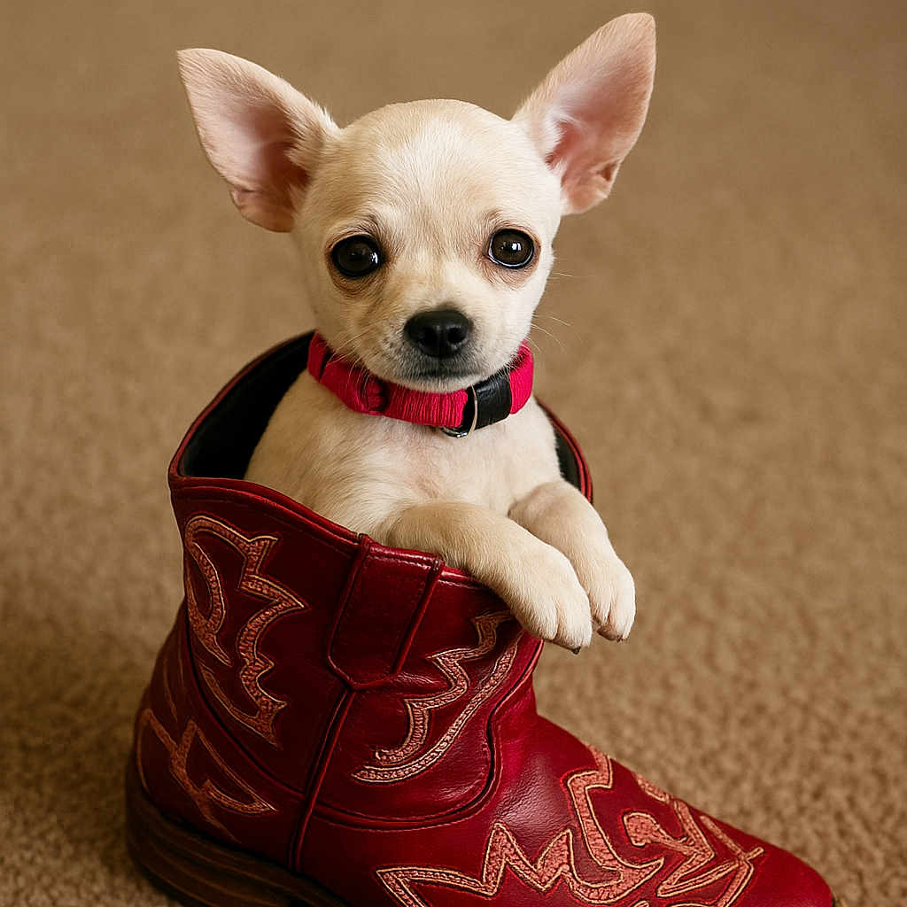 Blanca Carrillo is registered to the contest to win money with this photo: adorable, animal, brown, carpet, chihuahua, close_up, collar, cute, dog, front_paws, indoor, leather, looking, pet, puppy, red_boot, sitting, small, stitching, wide_eyes