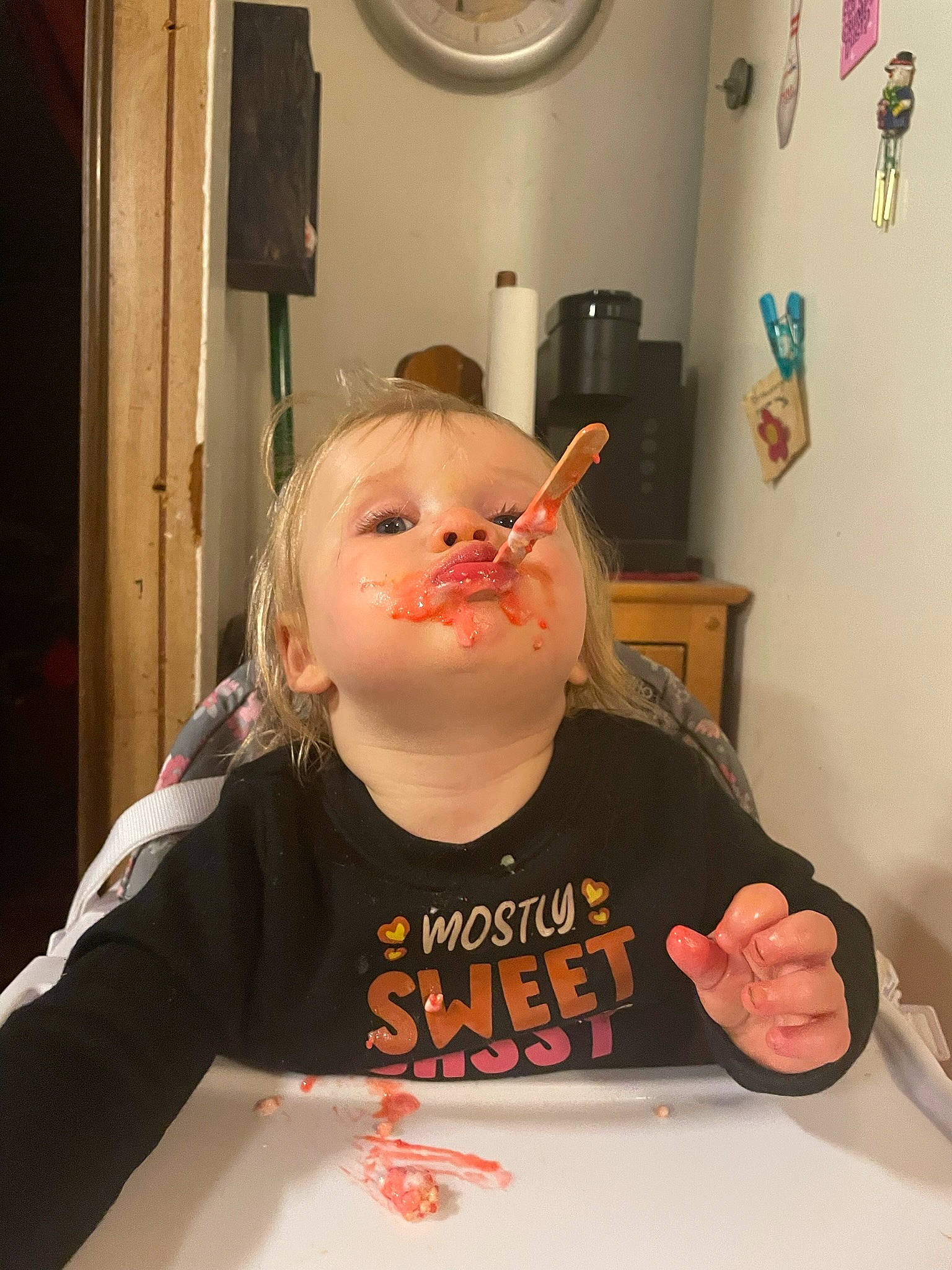 Isabella joined the competition — help win amazing prizes! baby_toddler_clothing, chair, child, chin, clock, comfort_food, cooking, eyelash, food, food_craving, fun, junk_food, lip, mouth, person, picture_frame, sweetness, t_shirt, table, tableware