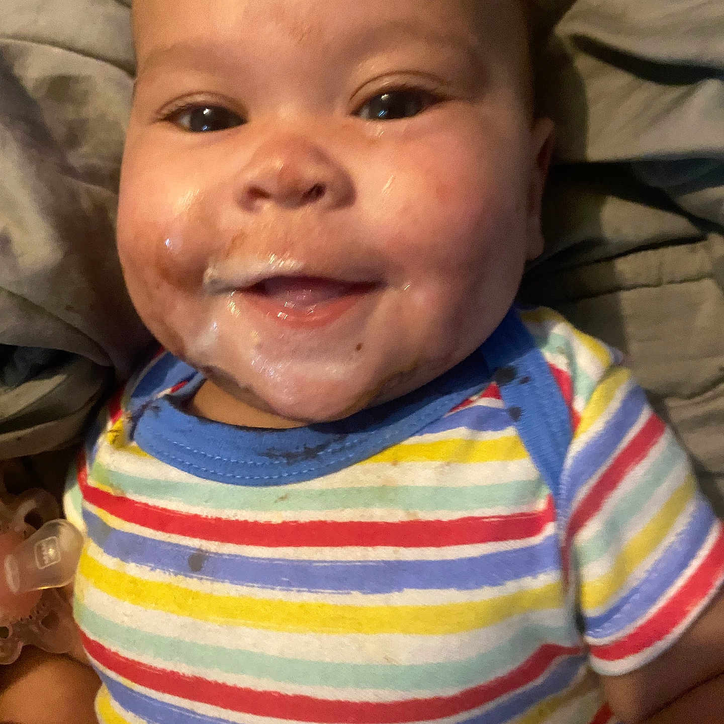Aria joined the competition — help win amazing prizes! baby, babylaughing, bodypart, clothing, cream, cushion, dessert, face, food, happy, head, homedecor, laughing, mouth, person, photography, portrait, smile, t_shirt, teeth