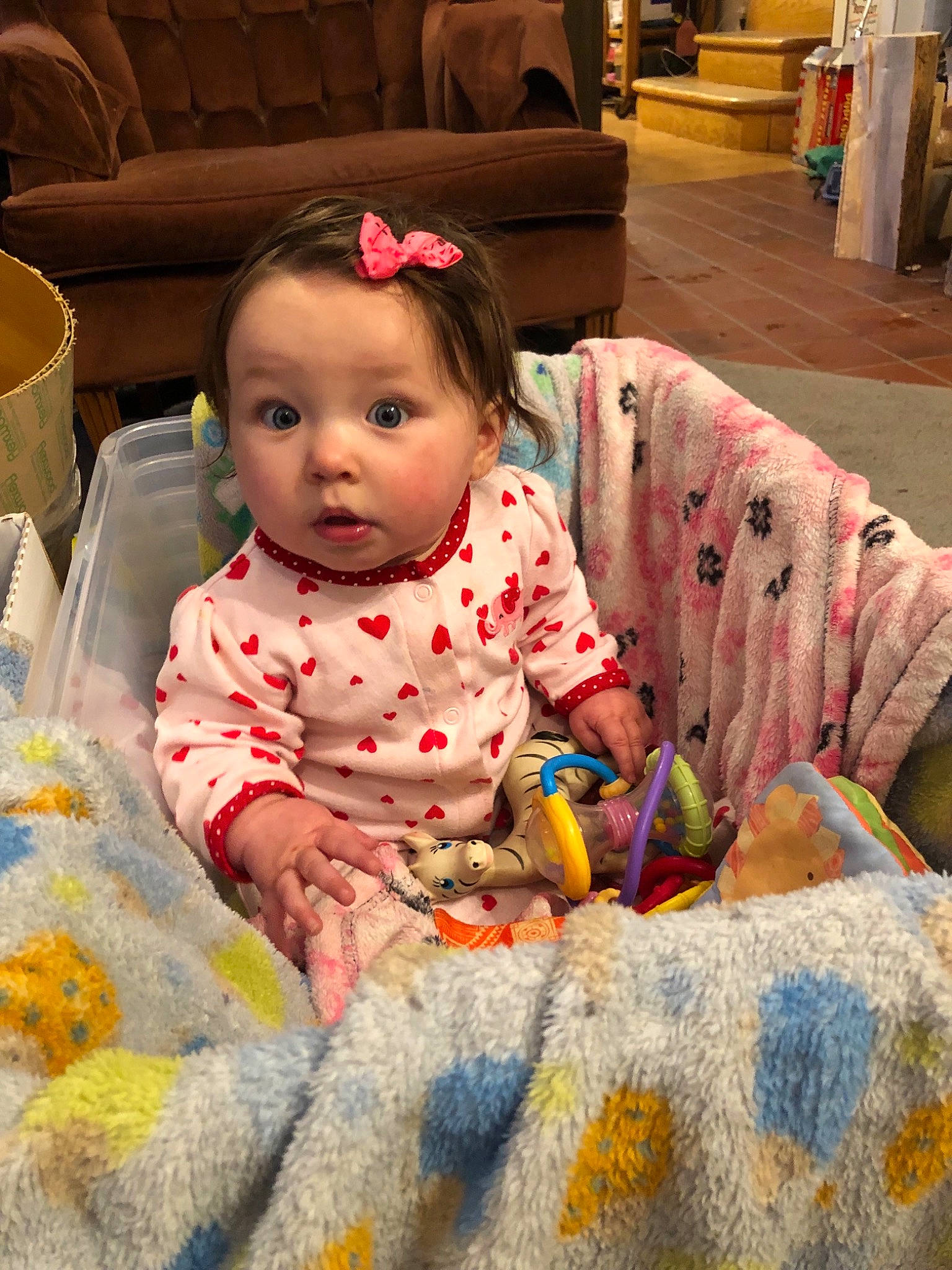 Brynn is registered to the contest to win money with this photo: baby, cheek, child, person, play, sitting, surprise, toddler, wool