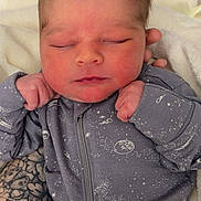 Owen joined the competition — help win amazing prizes! newborn, baby, sleeping, infant, onesie, space_theme, blanket, tattoo, hand, soft, cozy, resting, closeup, portrait, cute, peaceful, child, human, indoors, fabric