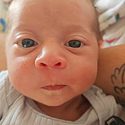 Elijah joined the competition — help win amazing prizes! baby, newborn, face, closeup, infant, skin, eyes, mouth, person, portrait, expression, cute, human, child, clothing, tattoo, arm, indoors, soft, warm