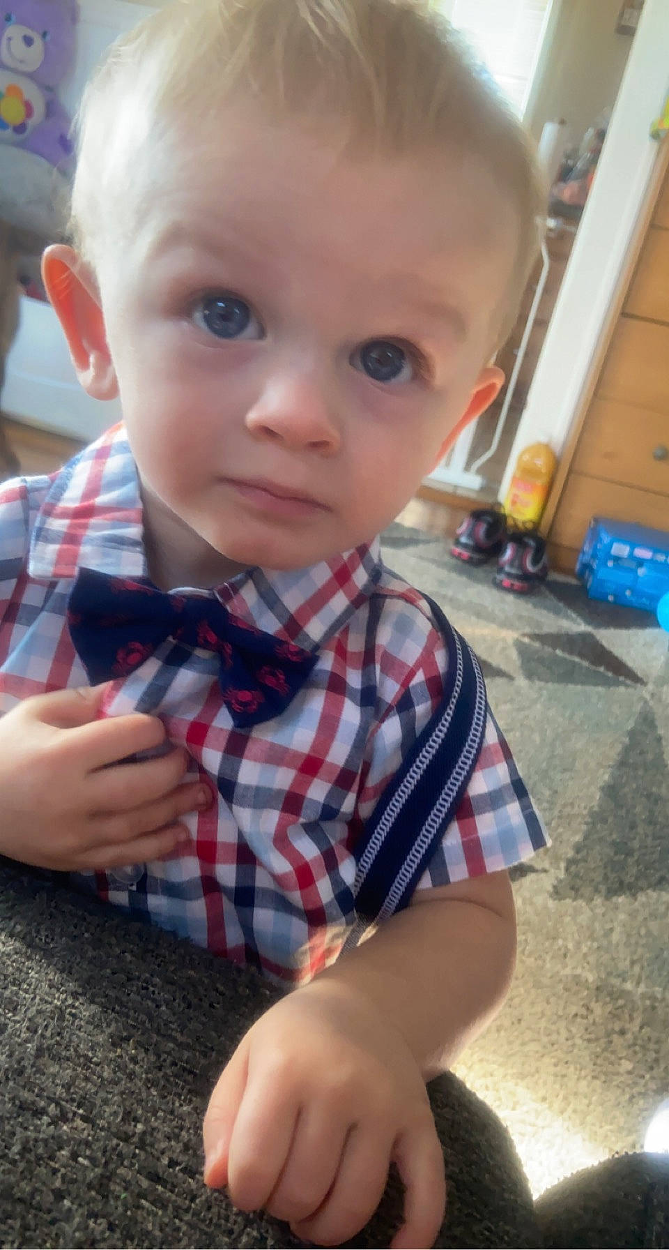 Jaxxon joined the competition — help win amazing prizes! baby, baby_toddler_clothing, cheek, child, chin, collar, dress_shirt, finger, fun, head, iris, lip, nose, pattern, person, plaid, skin, tartan, thumb, tie