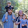 Adalyn is registered to the contest to win money with this photo: family, child, man, woman, outdoor, forest, path, sunlight, smiling, child_on_shoulders, casual_clothing, nature, happy, parent, holding_child, trees, daytime, portrait, people, walking