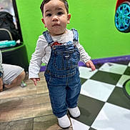 Eithan joined the competition — help win amazing prizes! toddler, child, denim_overalls, white_shirt, white_shoes, indoors, checkered_floor, green_wall, curious, standing, person, short_hair, flooring, clothing, casual, portrait, young_child, cute, looking_at_camera, play_area