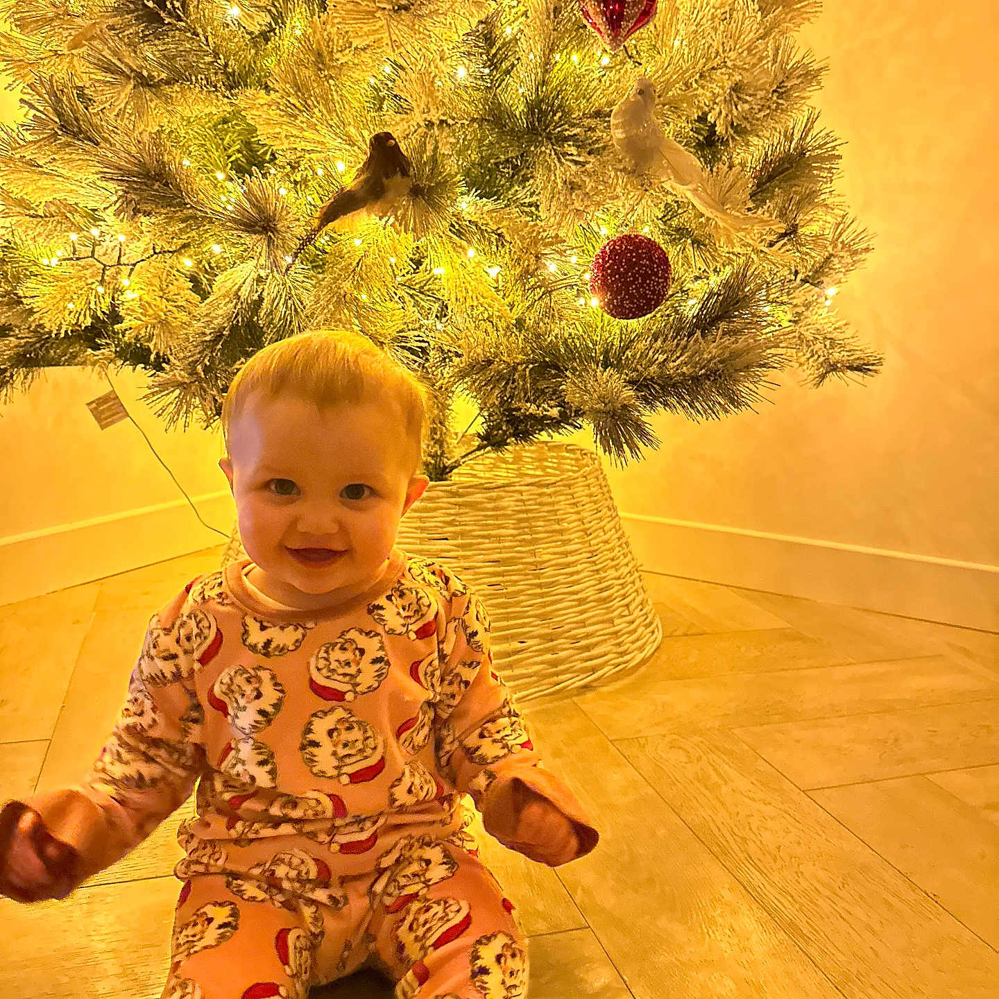 Vaiva is registered to the contest to win money with this photo: baby, celebration, child, christmas_tree, cute, decorations, festive, floor, happy, holiday, home, indoors, lights, ornaments, pajamas, seasonal, sitting, smiling, winter, wooden_floor